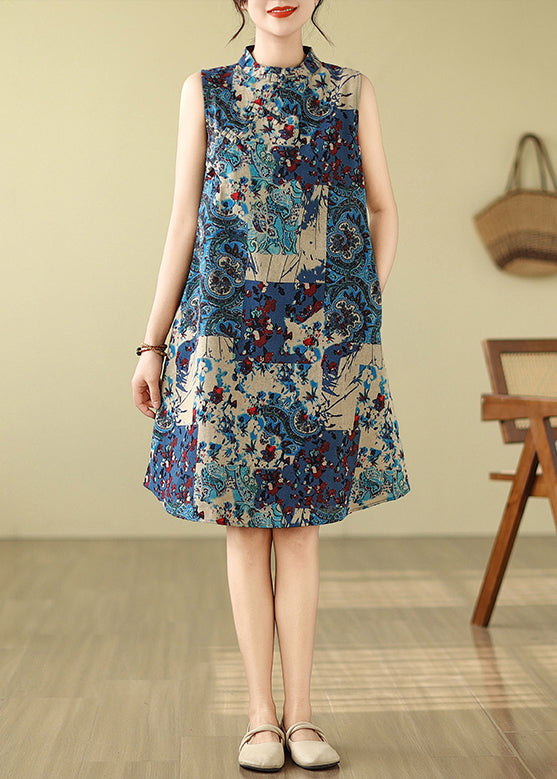 Art Blue Mandarin Collar Print Cotton Mid Dress Sleeveless