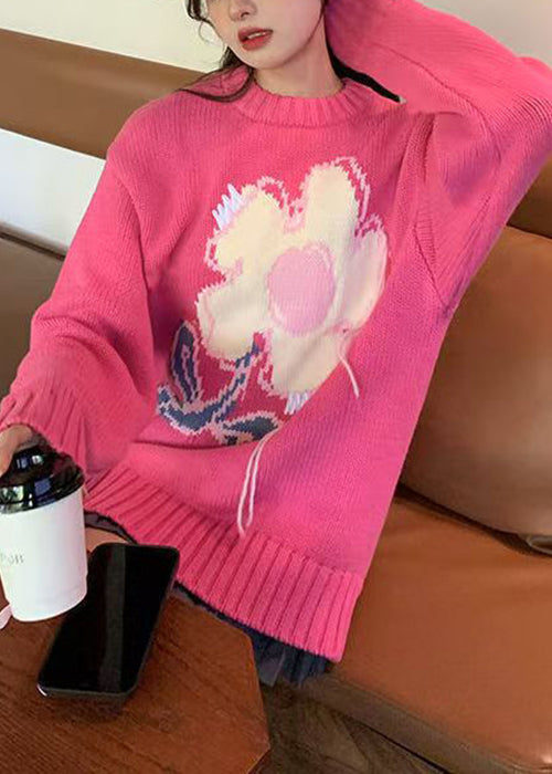 Art Blue O Neck Floral Cozy Knit Sweater Spring