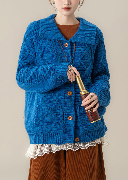 Art Blue Peter Pan Collar Pockets Cable Knit Loose Coat Winter