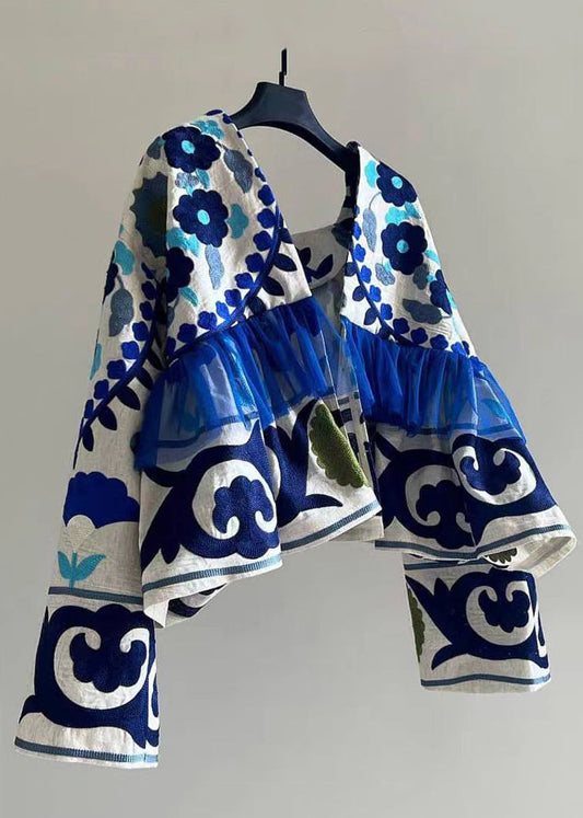 Art Blue Print Wrinkled Patchwork Cotton Cardigan Fall