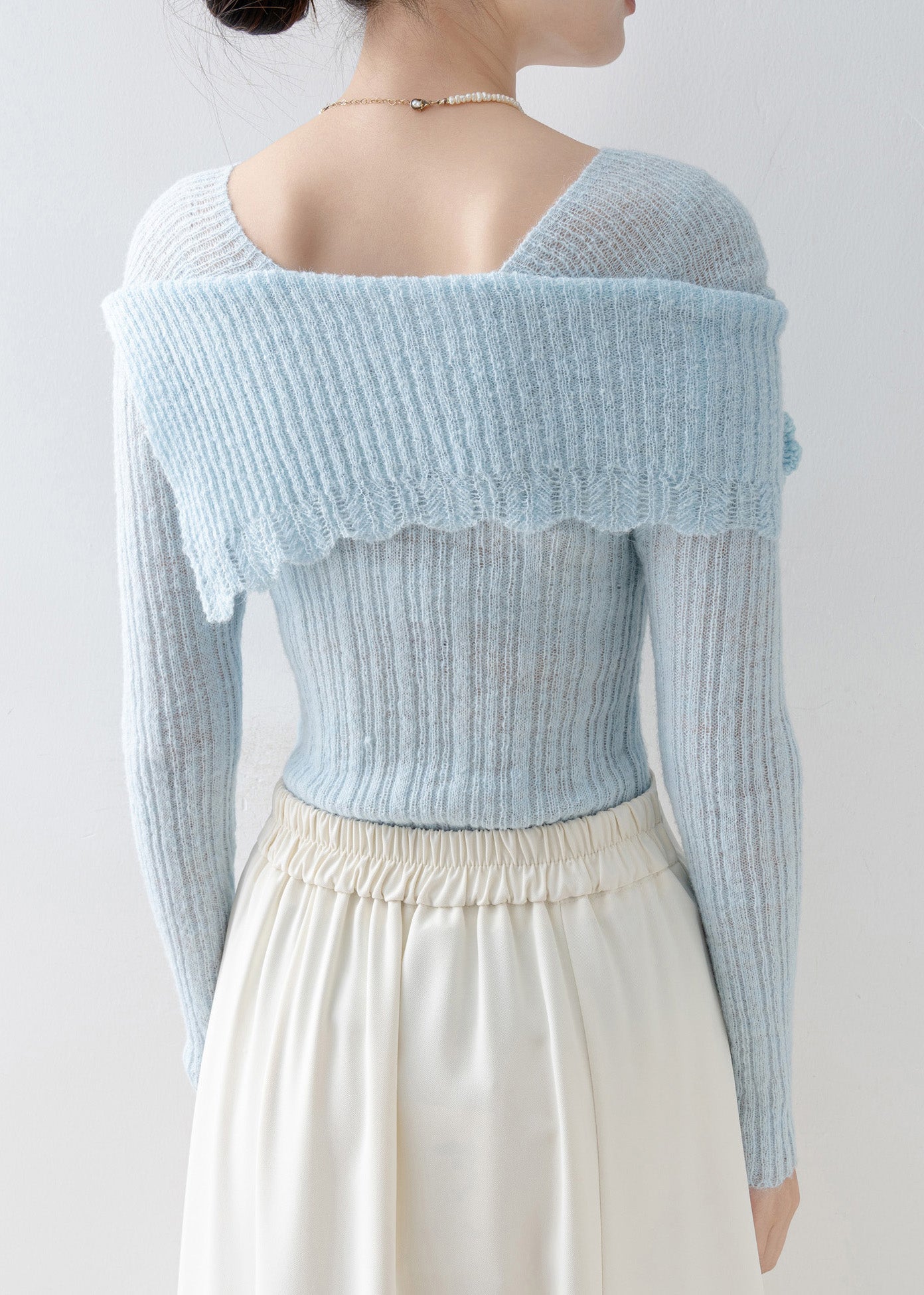 Art Blue Slash Neck Floral Slim Fit Knitted Tops Spring