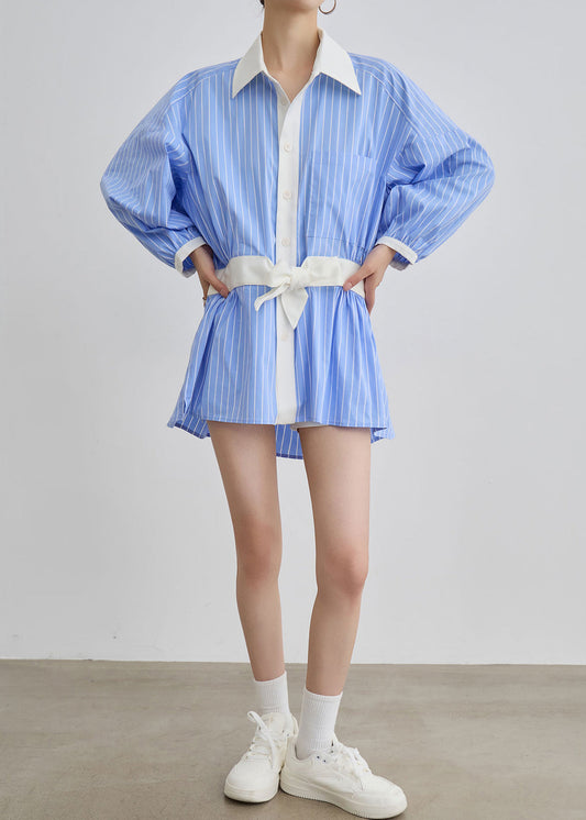 Art Blue Striped Bow Side Open Patchwork Cotton Blouses Dresses Fall