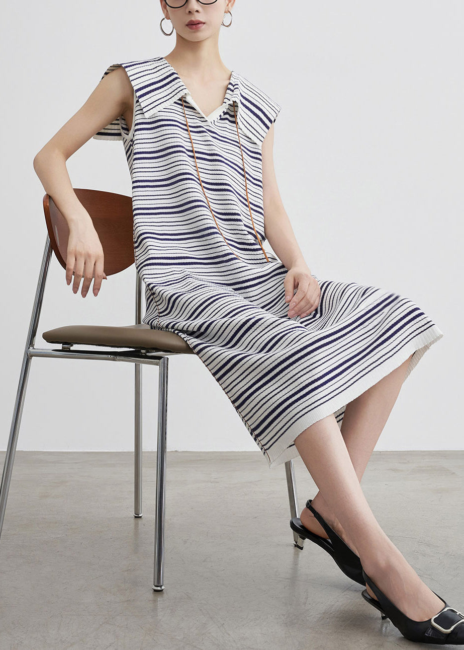 Art Blue Striped Cozy Knit Long Dress Sleeveless
