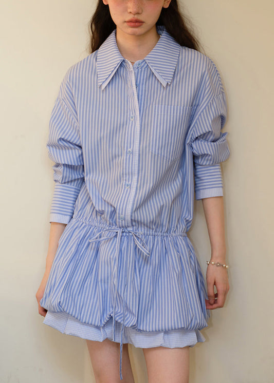 Art Blue Striped Tie Waist Cotton Shirt Dress Fall