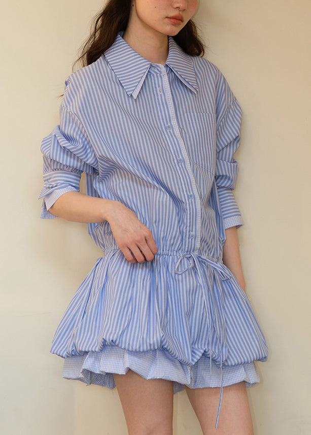Art Blue Striped Tie Waist Cotton Shirt Dress Fall
