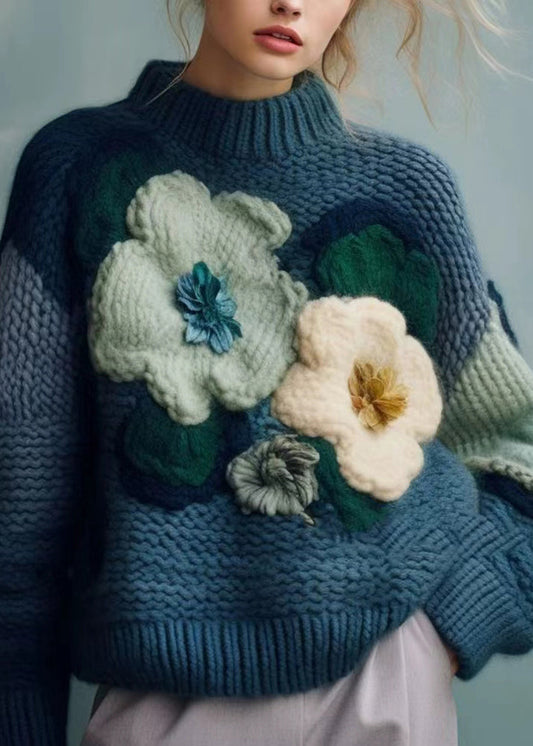 Art Blue Turtleneck Cozy Cotton Knit Top Fall