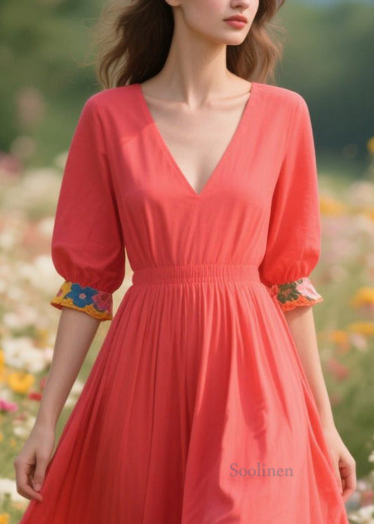 Art Brick Red Patchwork Exra Large Hem Cotton Holiday Dress Summer