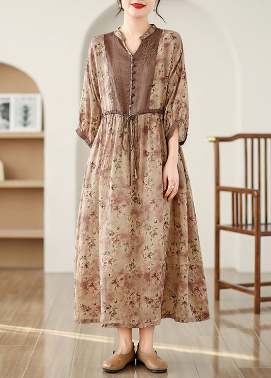 Art Brown Cinched Print Linen Maxi Dresses Bracelet Sleeve
