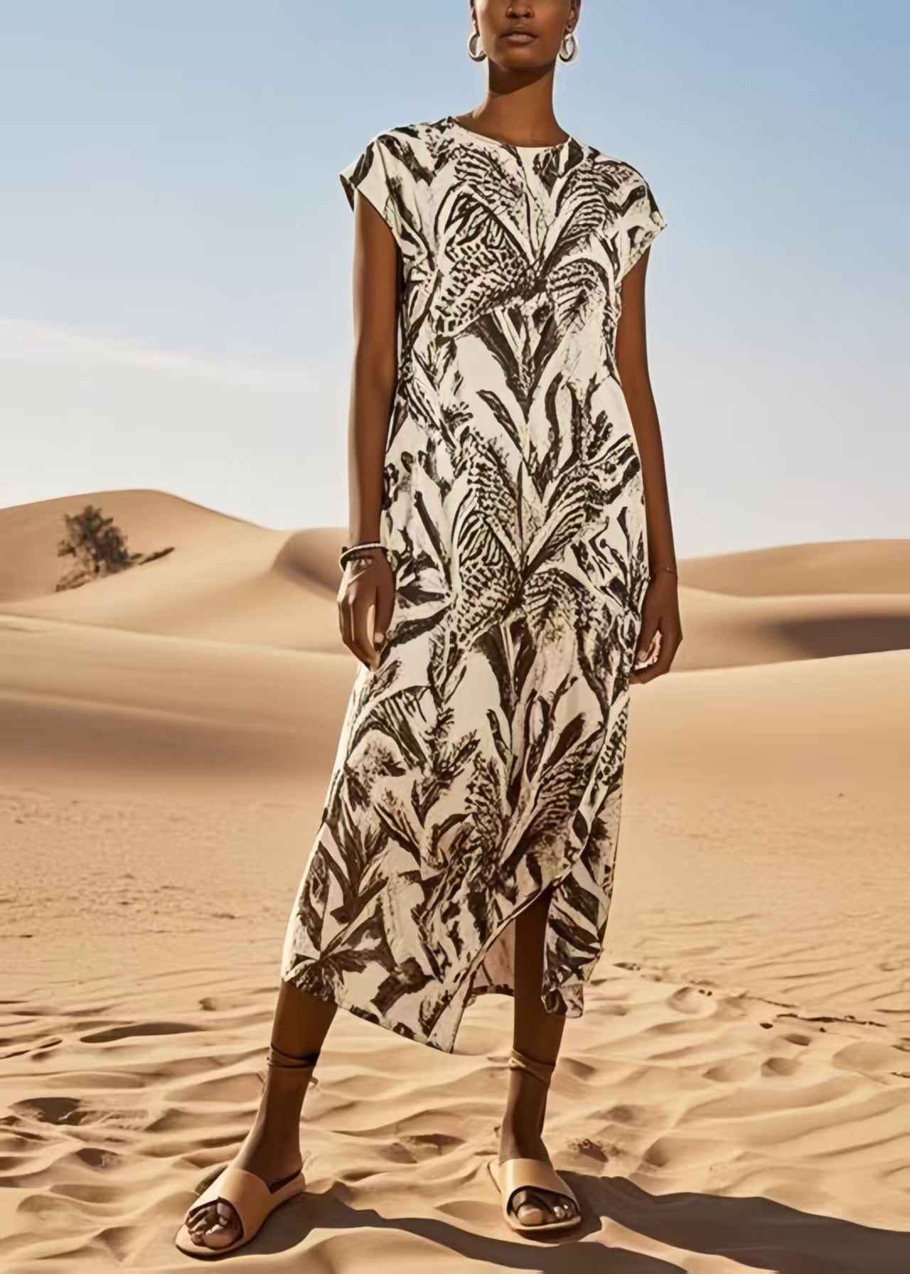 Art Brown Print Cotton Long Dress Summer