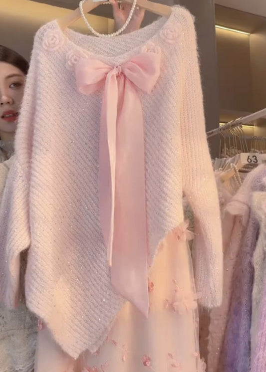 Art Coffee Bow Floral Knit Sweater Batwing Sleeve