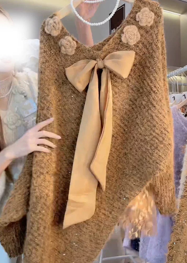 Art Coffee Bow Floral Knit Sweater Batwing Sleeve