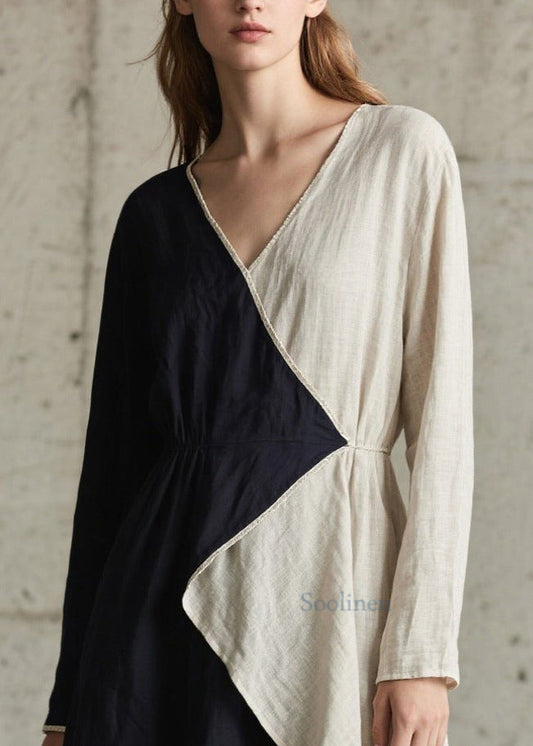 Art Colorblock Asymmetrical Patchwork Cotton Long Dress Spring