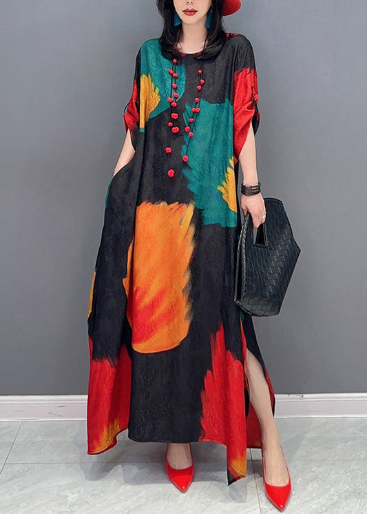 Art Colorblock O Neck Side Open Patchwork Chiffon Dress Fall