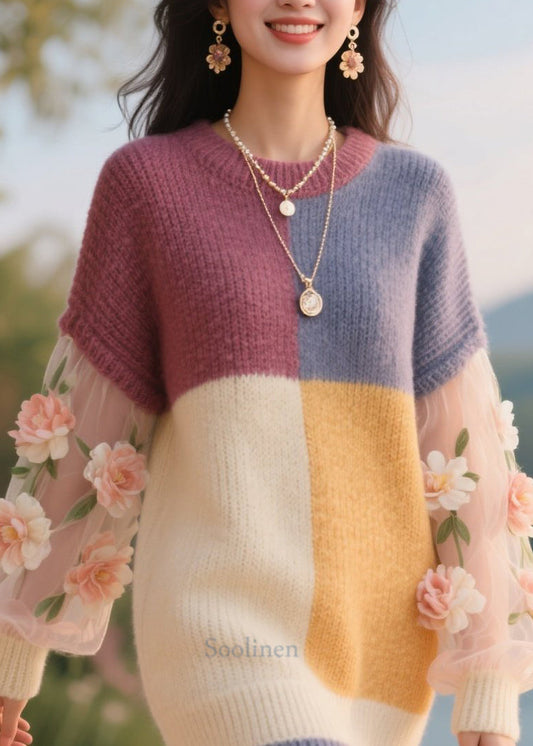 Art Colorblock O Neck Tulle Floral Knitwear Dress Fall