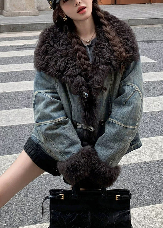 Art Denim Blue Fur Collar Pockets Patchwork Jackets Winter