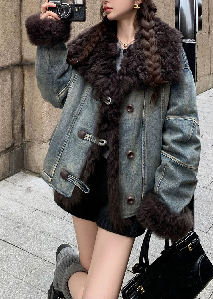 Art Denim Blue Fur Collar Pockets Patchwork Jackets Winter