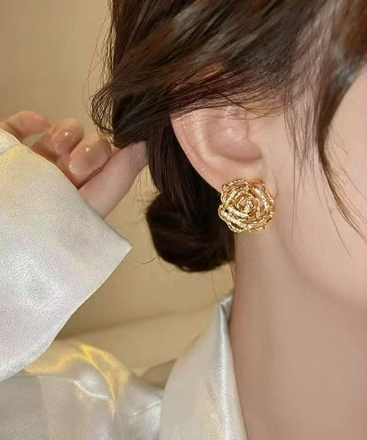 Art Gold Copper Overgild Hollow Out Floral Stud Earrings