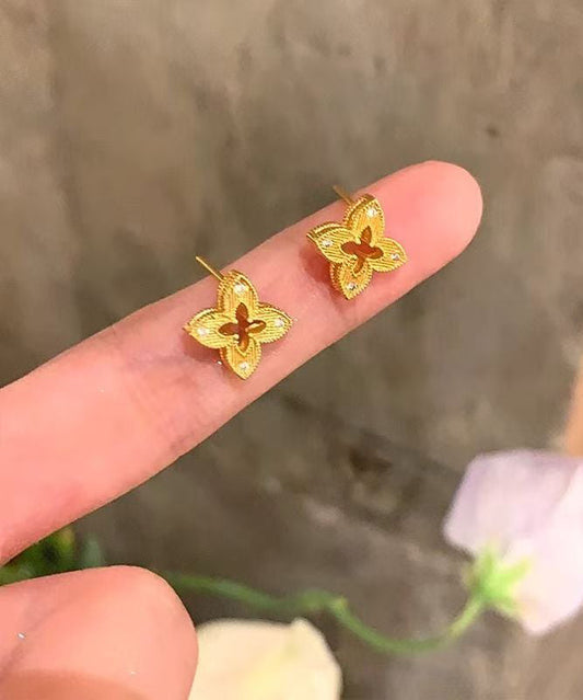 Art Gold Copper Overgild Zircon Floral Hollow Out Stud Earrings