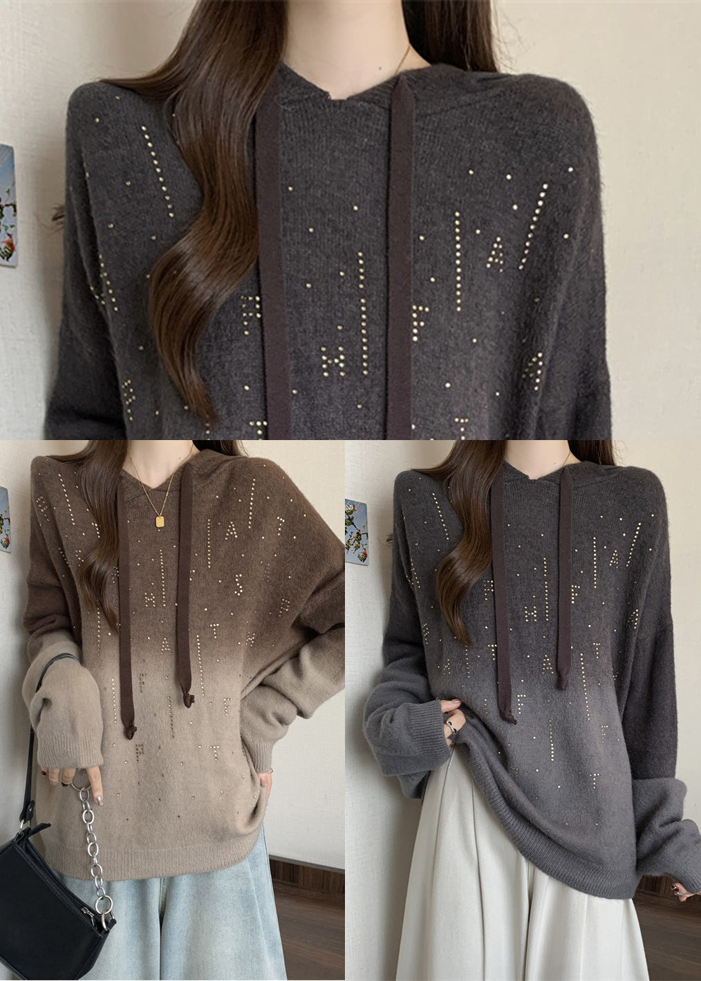 Art Gradient Brown Rhinestone Knit Hooded Sweatshirts Top Fall