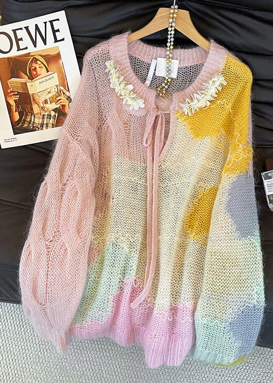 Art Gradient Color Lace Up Hollow Out Knit Top Fall