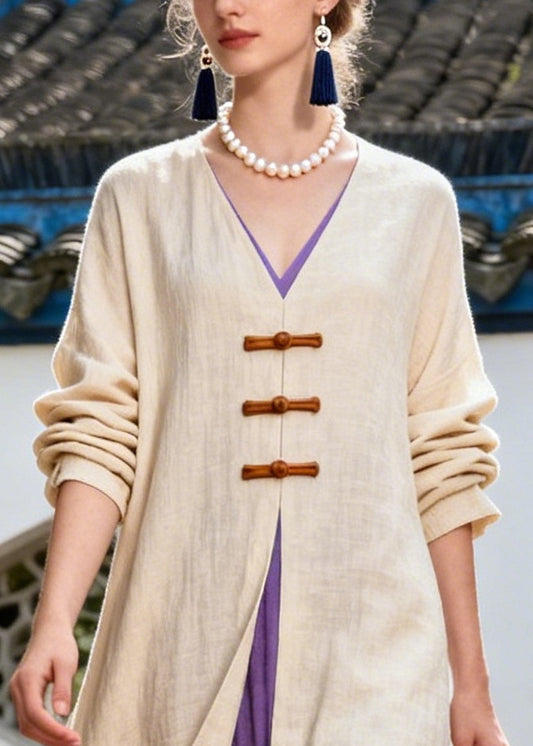 Art Gradient Color Side Open Chinese Button Cotton Dress Long Sleeve
