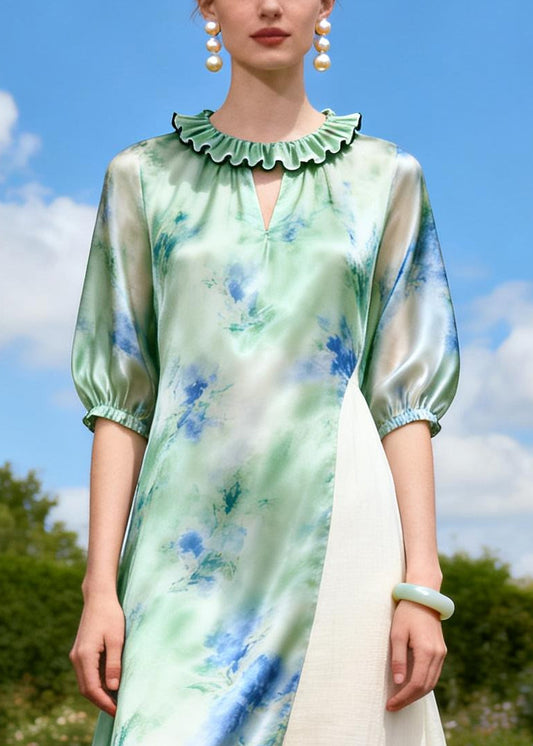 Art Green Asymmetrical Patchwork Silk Long Dress Summer