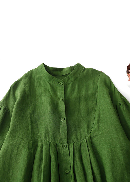 Art Green Button Wrinkled Solid Cotton Blouses Dress Spring