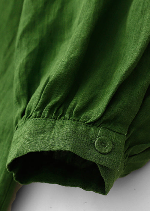 Art Green Button Wrinkled Solid Cotton Blouses Dress Spring
