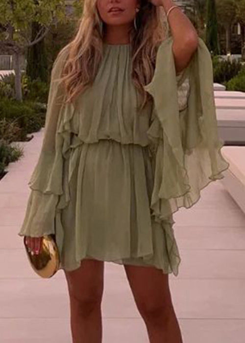 Art Green Ruffled Solid Chiffon Mini Dress Fall
