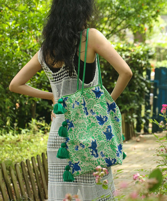 Art Green Tasseled Jacquard Cotton Ethnic Style Women Handbag