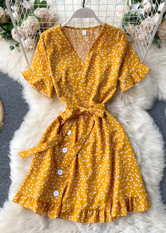 Art Green V Neck Print Tie Waist Cotton Mid Dress Summer