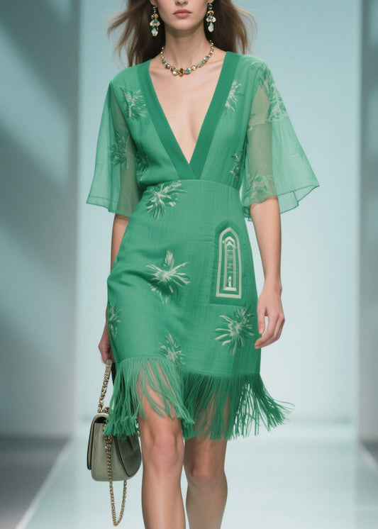 Art Green V Neck Tasseled Patchwork Cotton Dress Summer