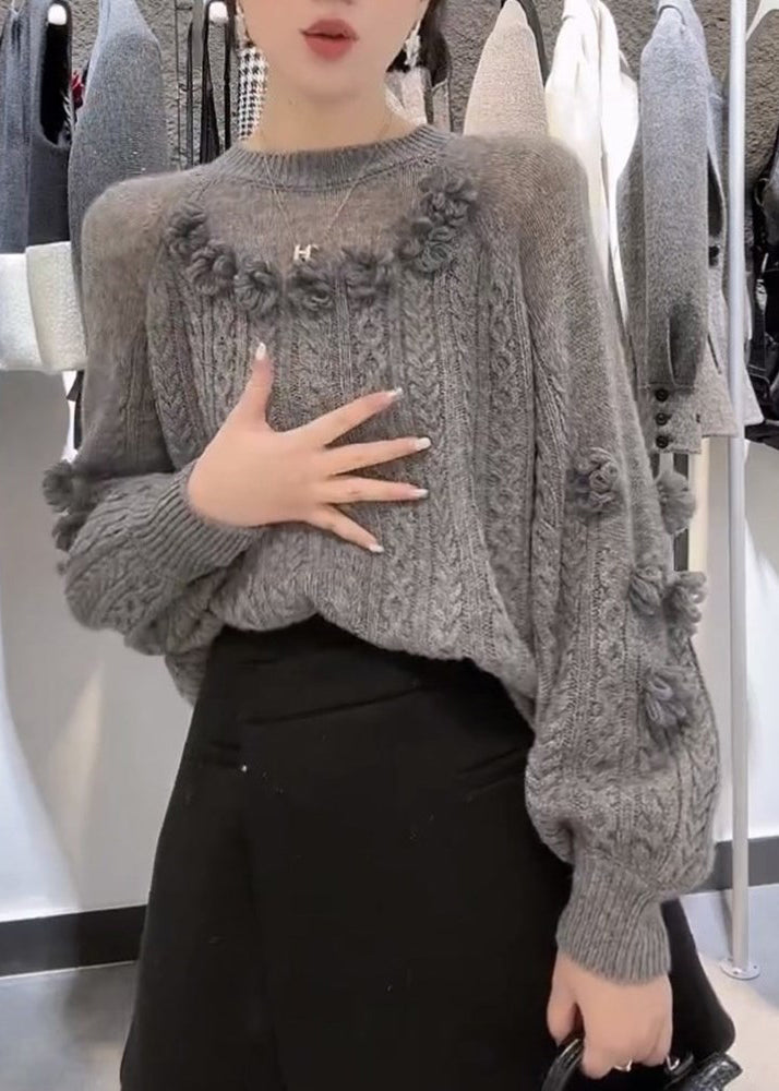 Art Grey O-Neck Floral Cable Knit Sweater Winter