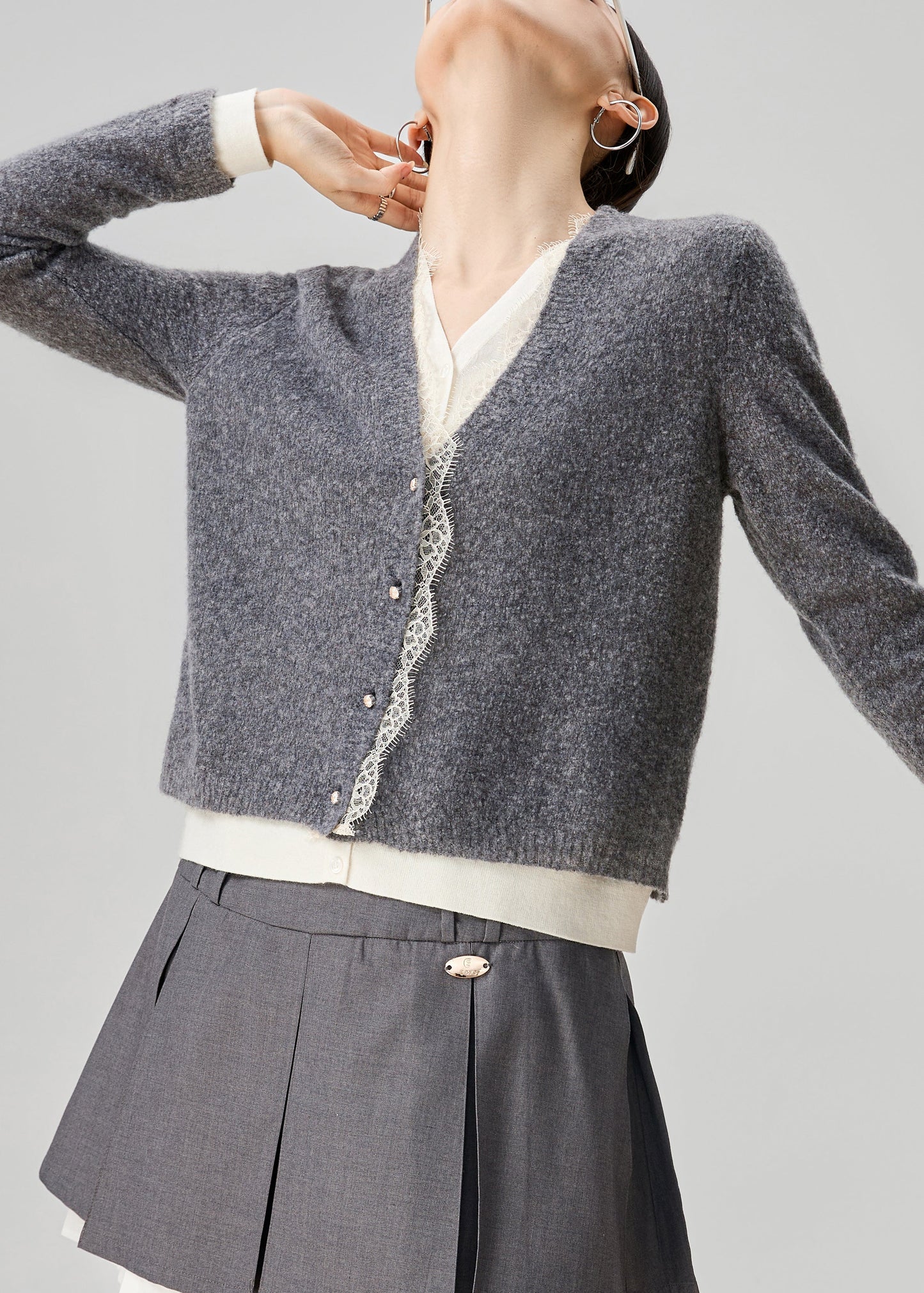 Art Grey V Neck Lace Patchwork False Two Pieces Knit Sweater Fall