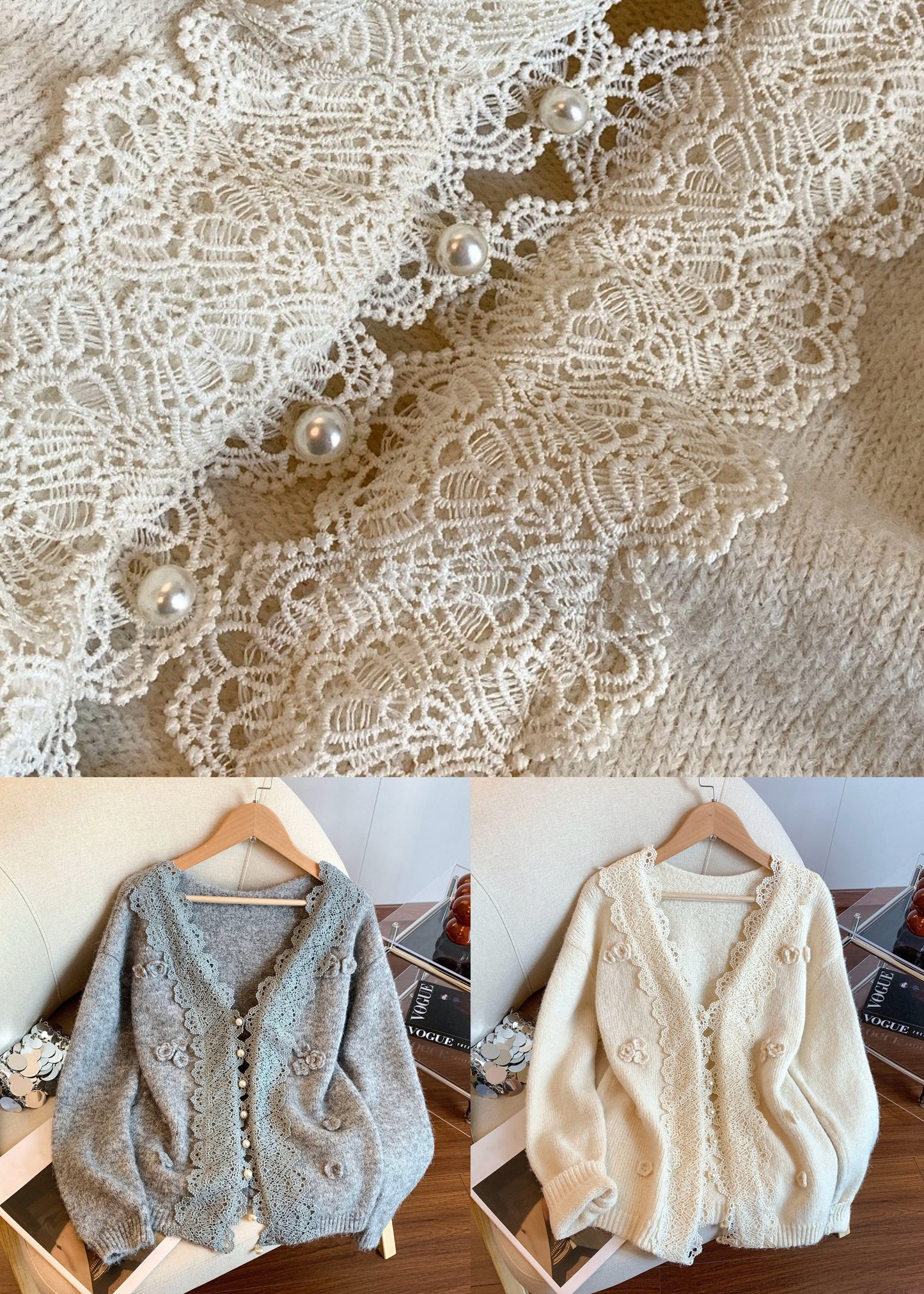 Art Grey V Neck Lace Patchwork Knit Coats Winter