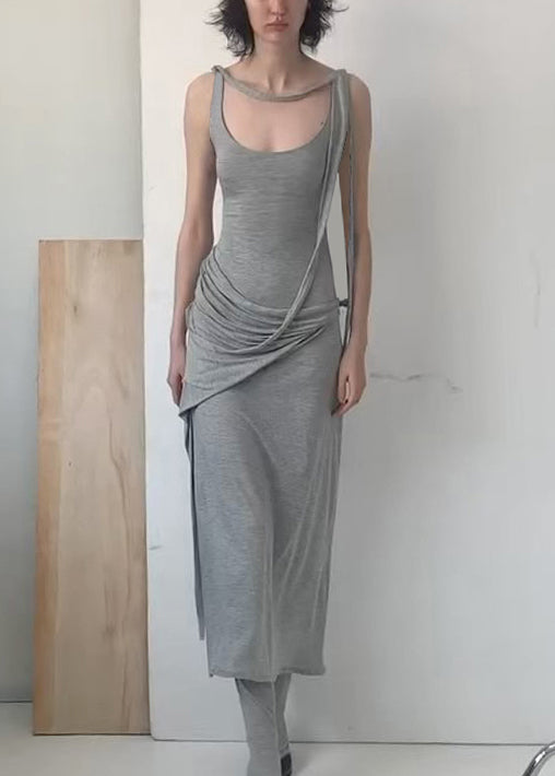 Art Grey Wrinkled Solid Cotton Spaghetti Strap Dress Sleeveless
