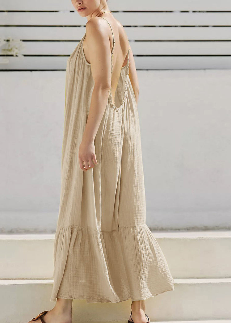Art Khaki Backless Long Spaghetti Strap Dresses Sleeveless