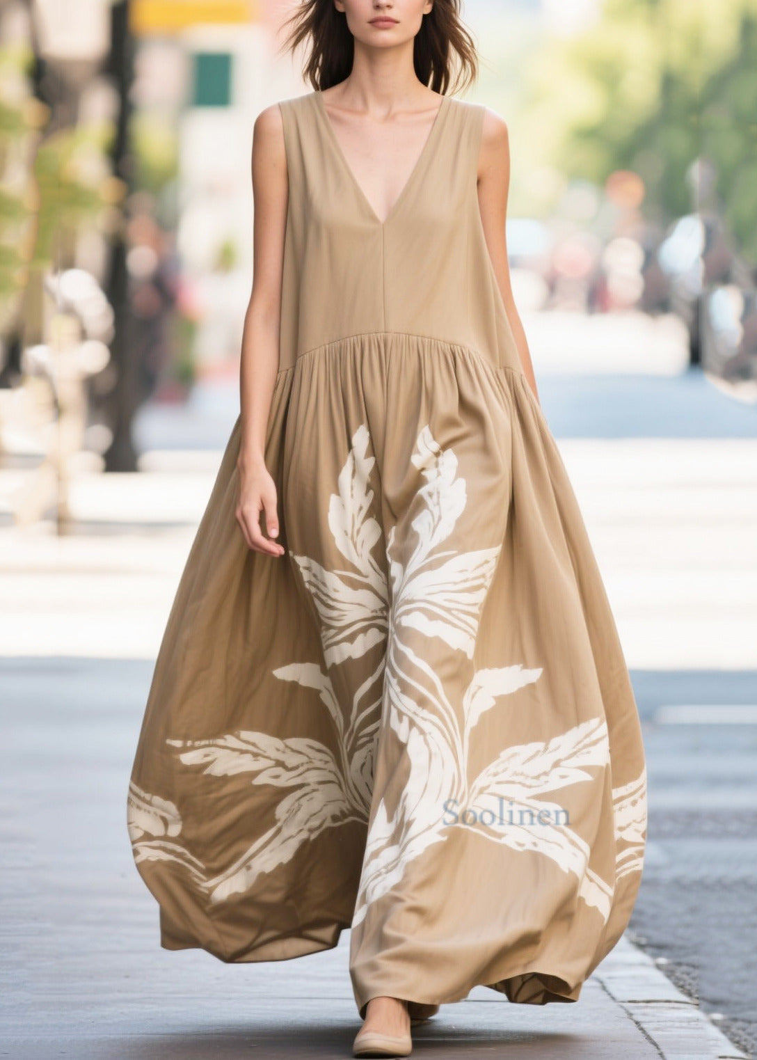 Art Khaki Print Exra Large Hem Cotton Dresses Summer