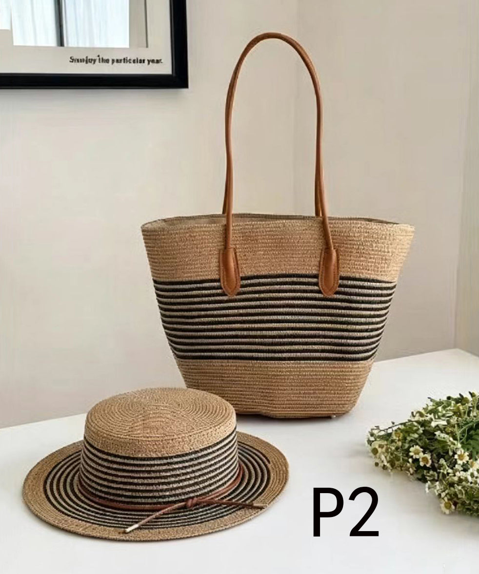 Art Khaki Striped Large Capacity Straw Woven Floppy Sun Hat And Shoulder Handbag Two Pieces Set