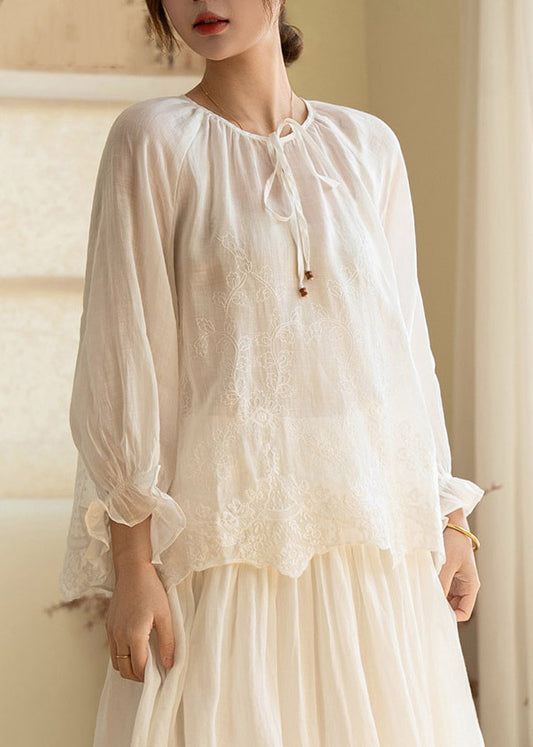 Art Light Purple Print Tie Lace Linen Top Lantern Sleeve