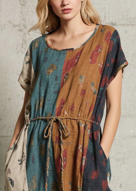Art Mixed Color Tie Waist Print Cotton Long Dresses Summer