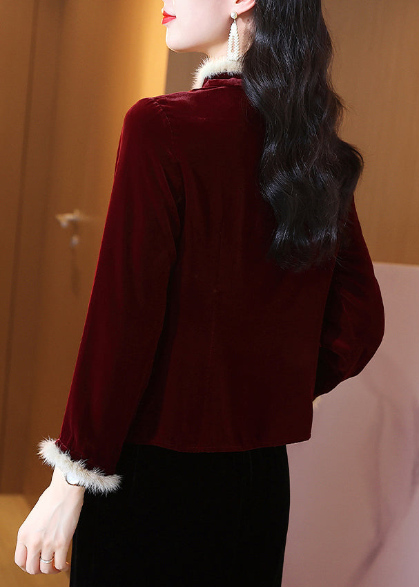 Art Mulberry Stand Collar Patchwork Faux Fur Silk Velour Tops Winter