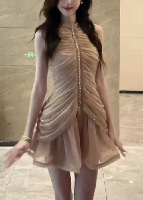 Art Naked Color Zippered Zircon Wrinkled Chiffon Dress Sleeveless