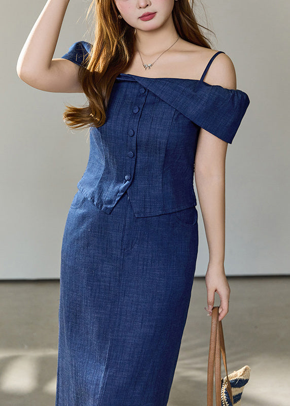 Art Navy Cold Shoulder Denim Two Pieces Set Summer