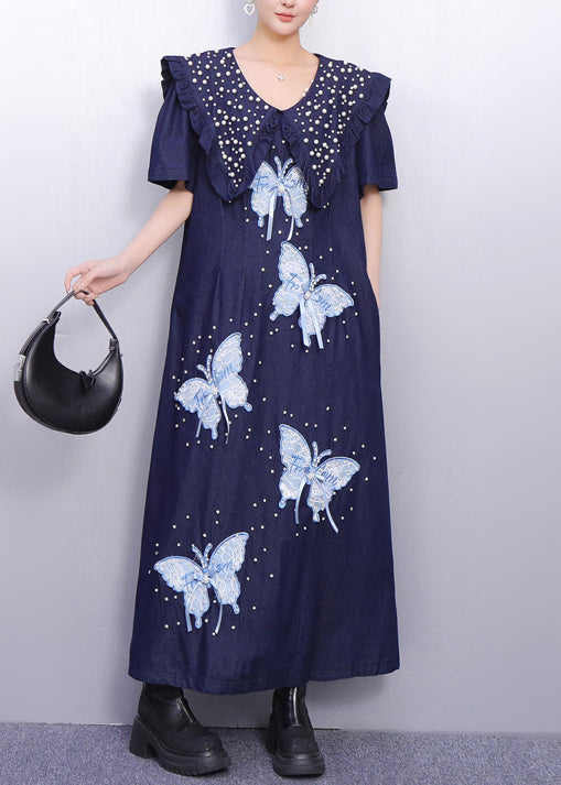 Art Navy Peter Pan Collar Butterfly Nail Bead Denim Dress Summer