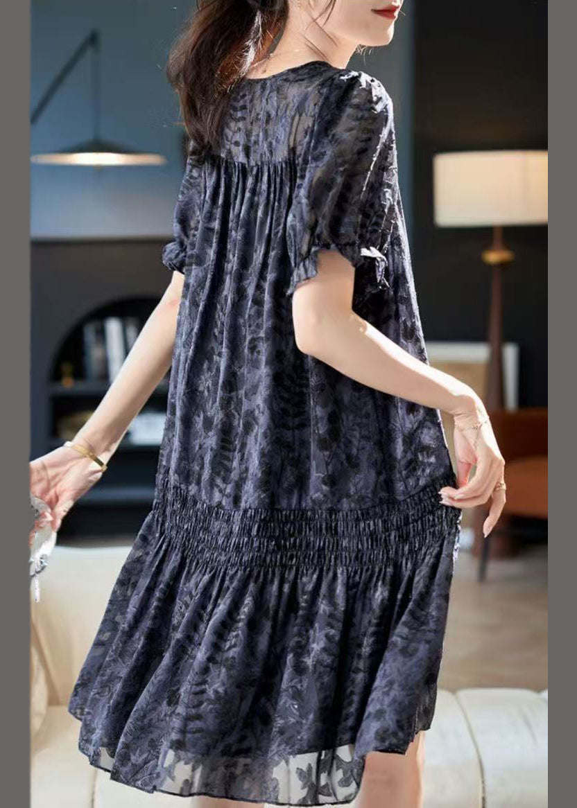 Art Navy Print Chiffon Day Dress Summer