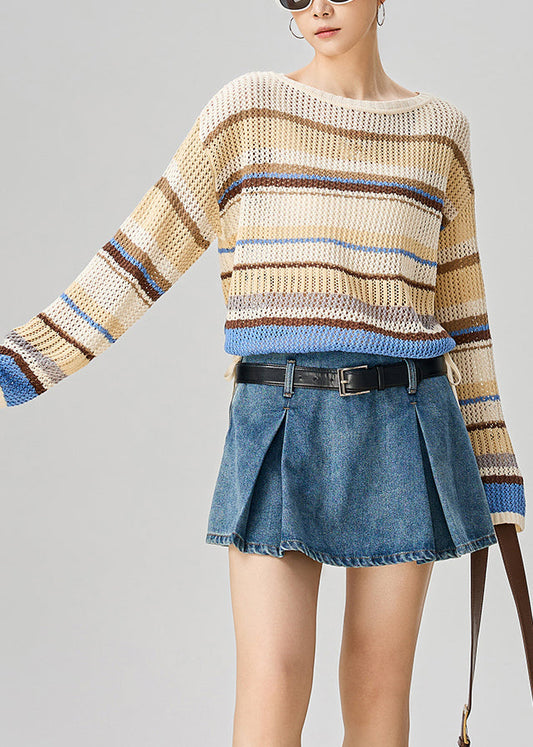 Art O-Neck Striped Hollow Out Knit Sweater Fall