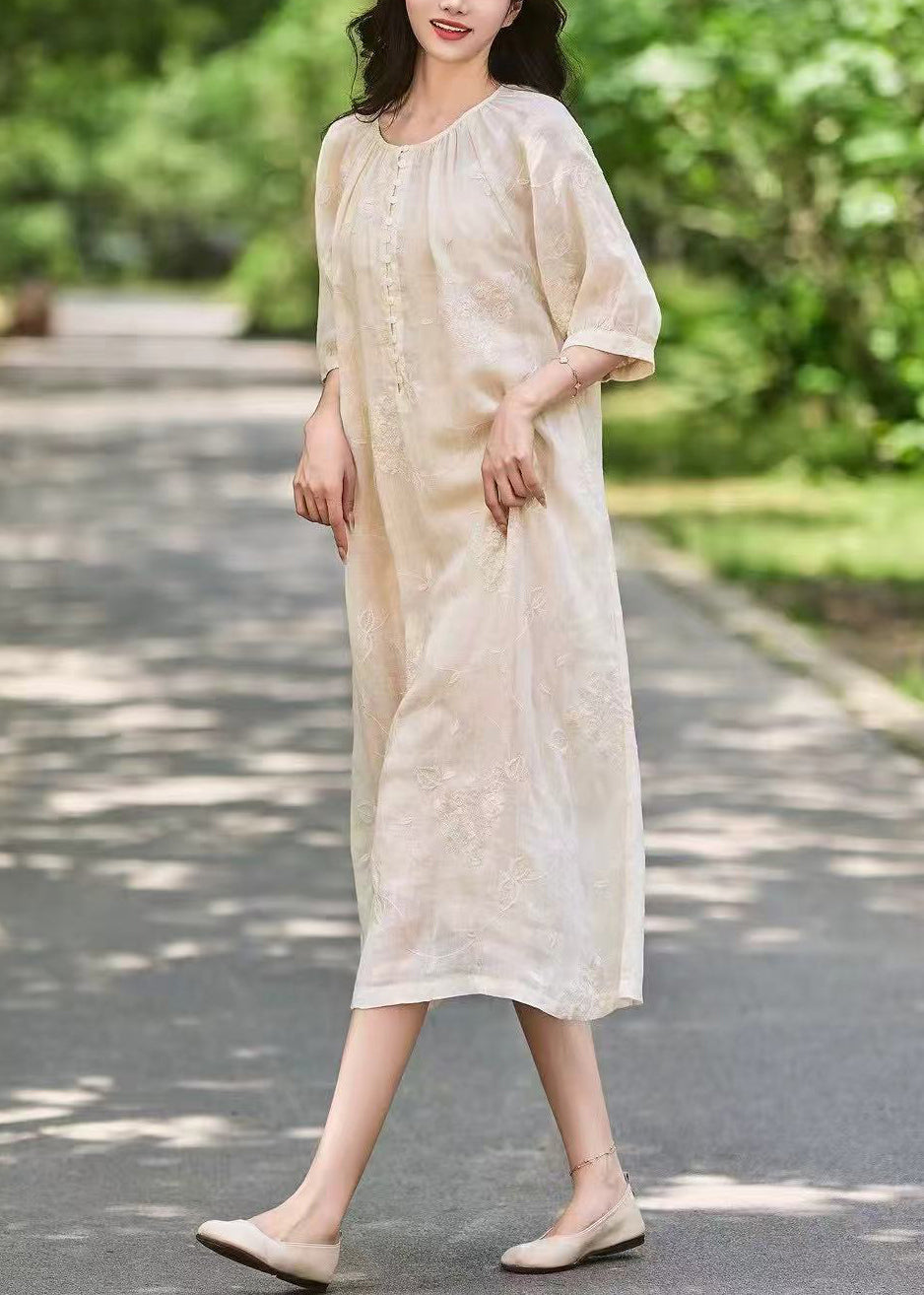 Art Pink Embroidered Button Pockets Linen Long Dress Half Sleeve