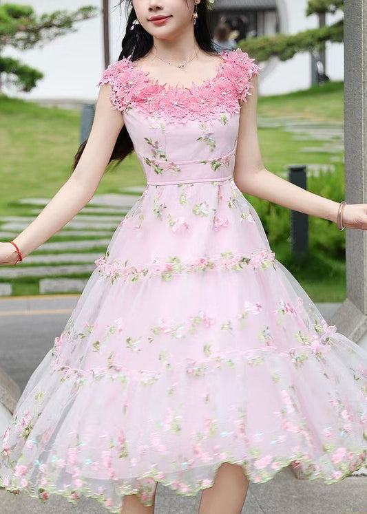Art Pink Embroidered Floral Tulle Robe Dresses Summer