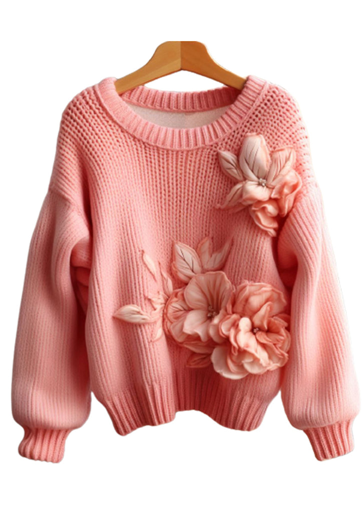 Art Pink Floral Cozy Cotton Knit Sweaters Long Sleeve